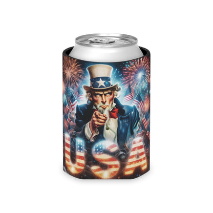 Patriotic Can Cooler — Uncle Sam USA Fireworks Drink Koozie for 4th of July
